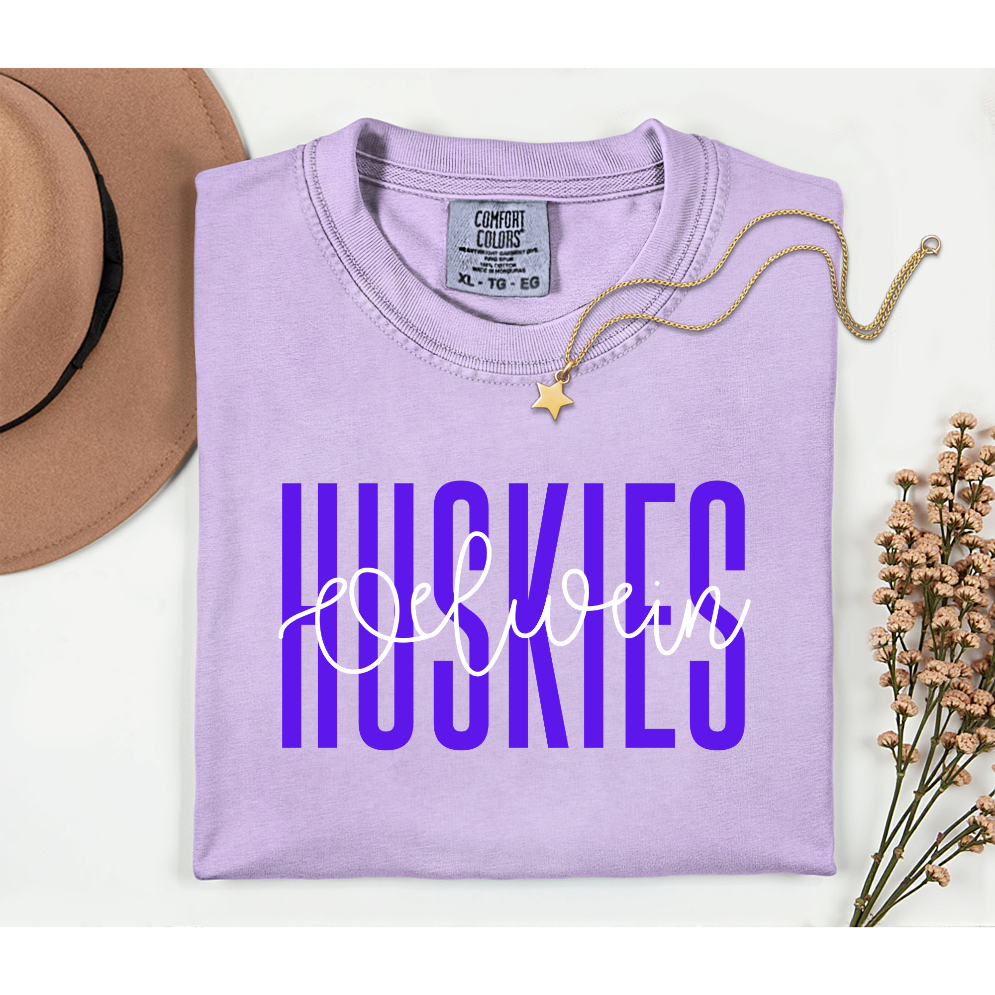 Oelwein Huskies Block/Script Comfort Colors Orchid T-Shirt