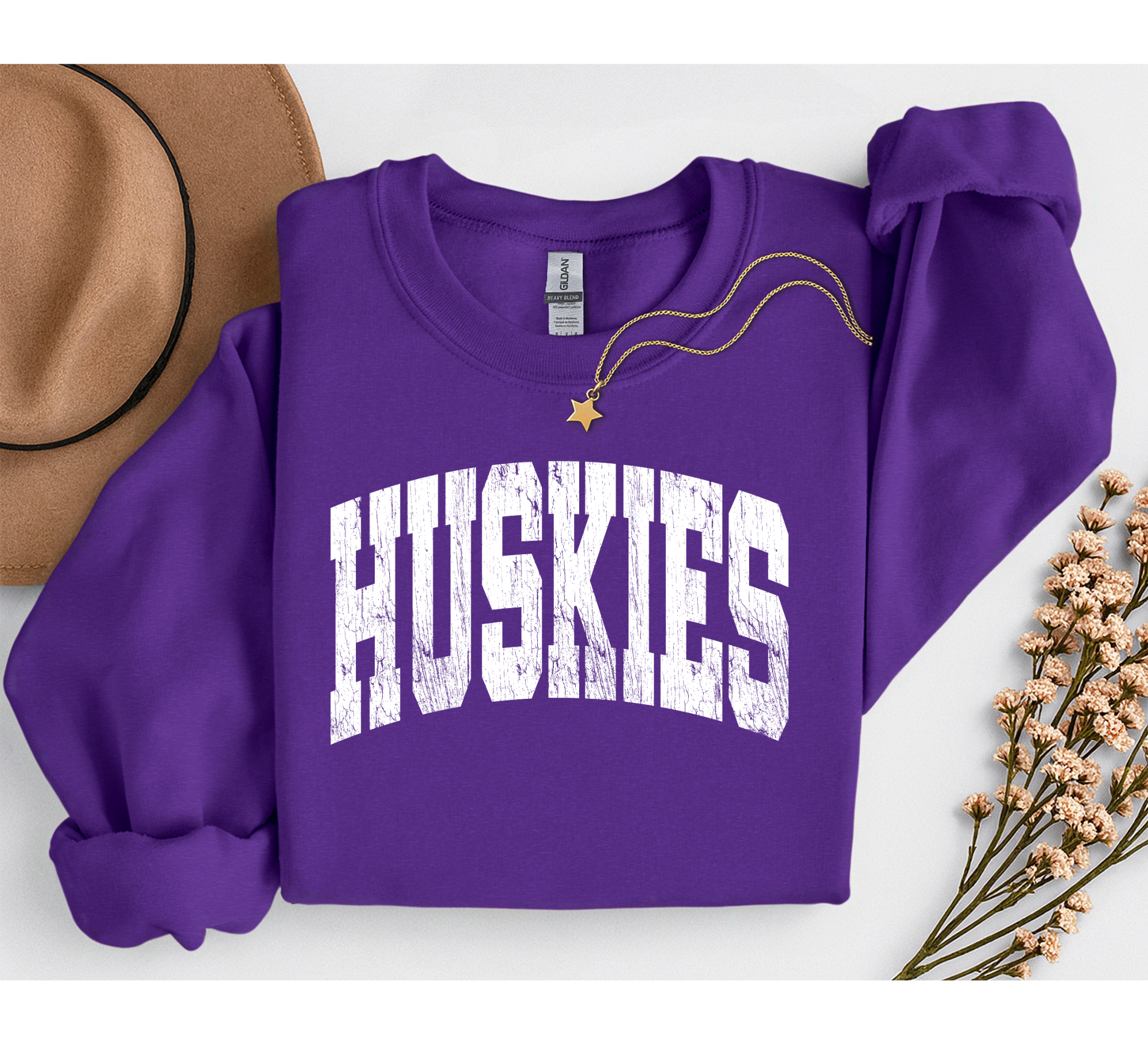 Huskies Distressed Gildan Purple Crewneck Sweatshirt