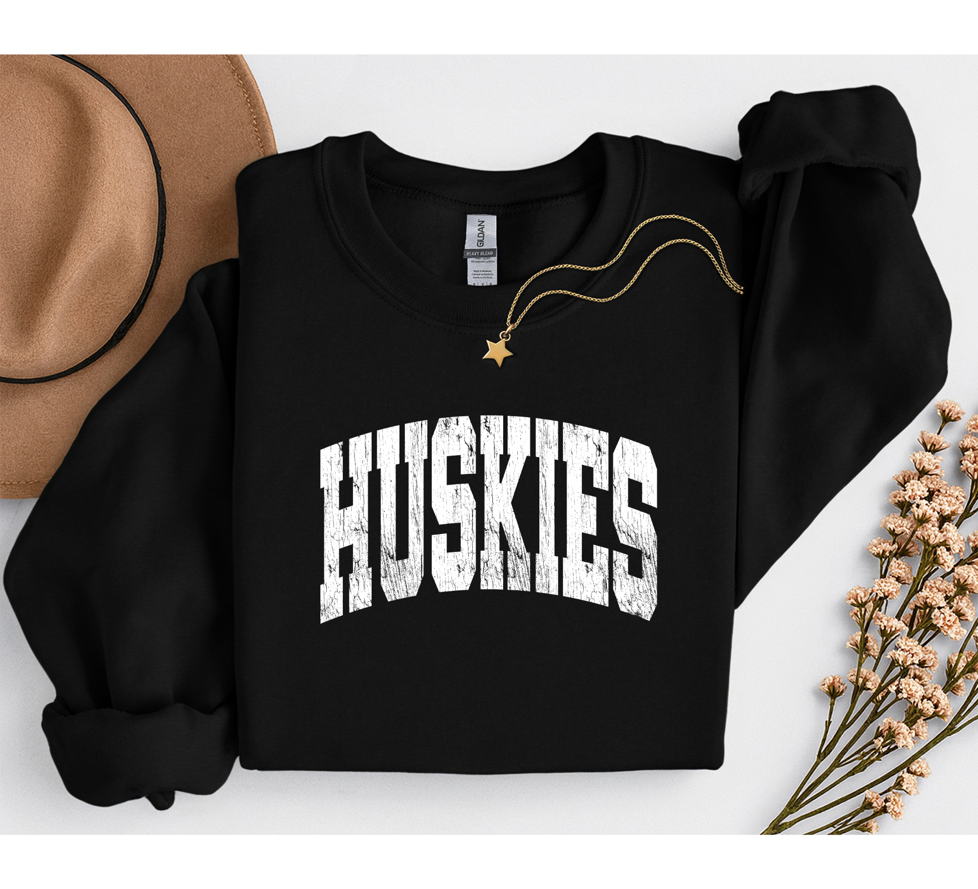 Huskies Distressed Gildan Black Crewneck Sweatshirt
