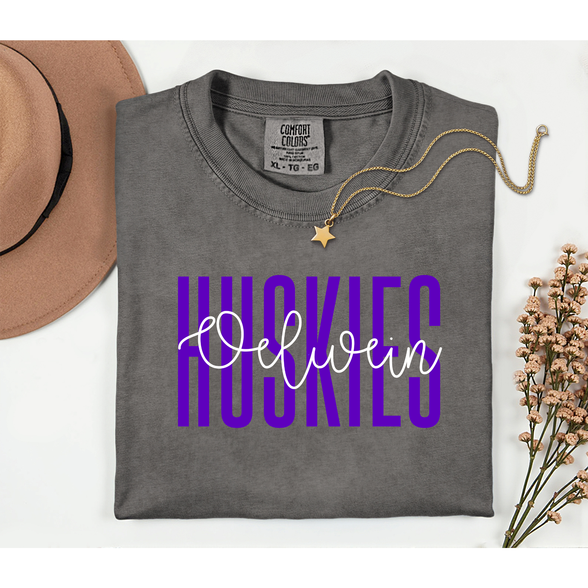 Oelwein Huskies Block/Script Comfort Colors Pepper T-Shirt