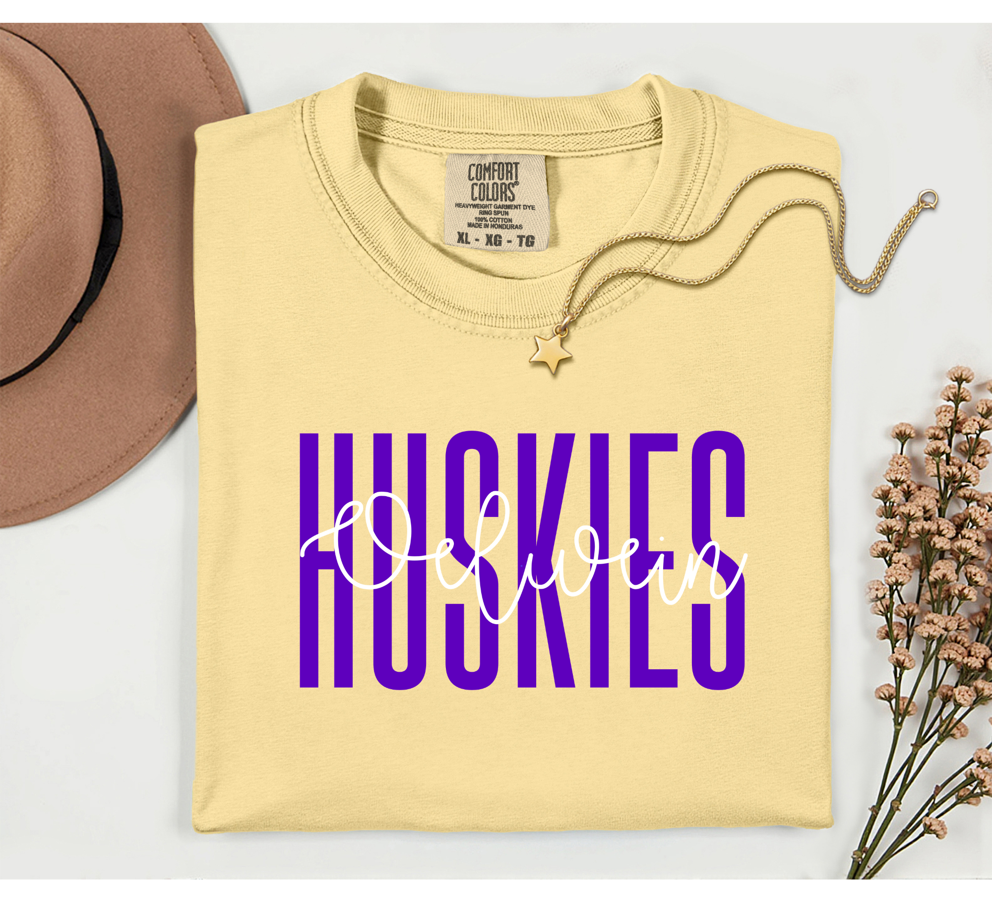 Oelwein Huskies Block/Script Comfort Colors Butter T-Shirt