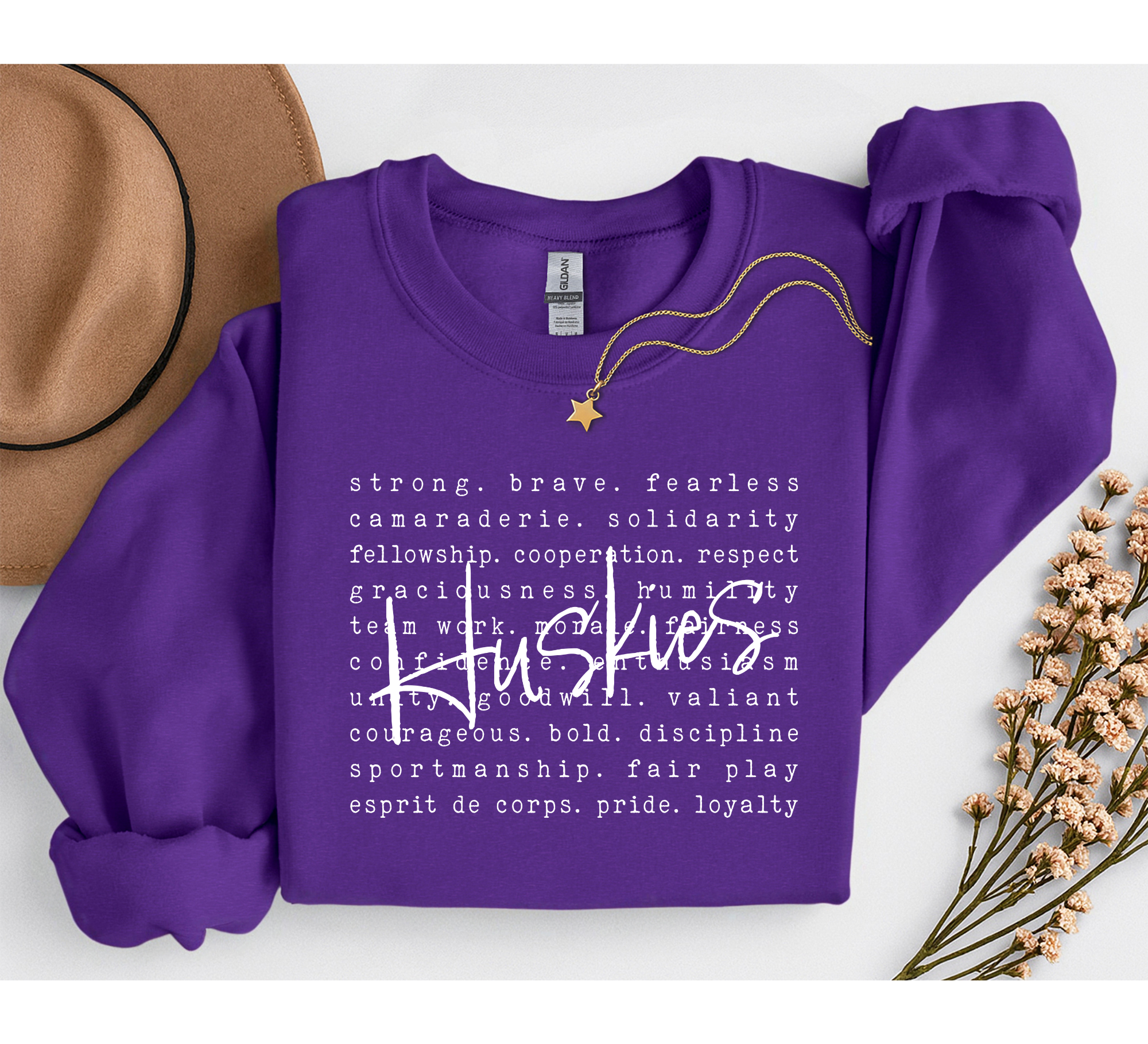 Huskies Typography Gildan Purple Crewneck Sweatshirt